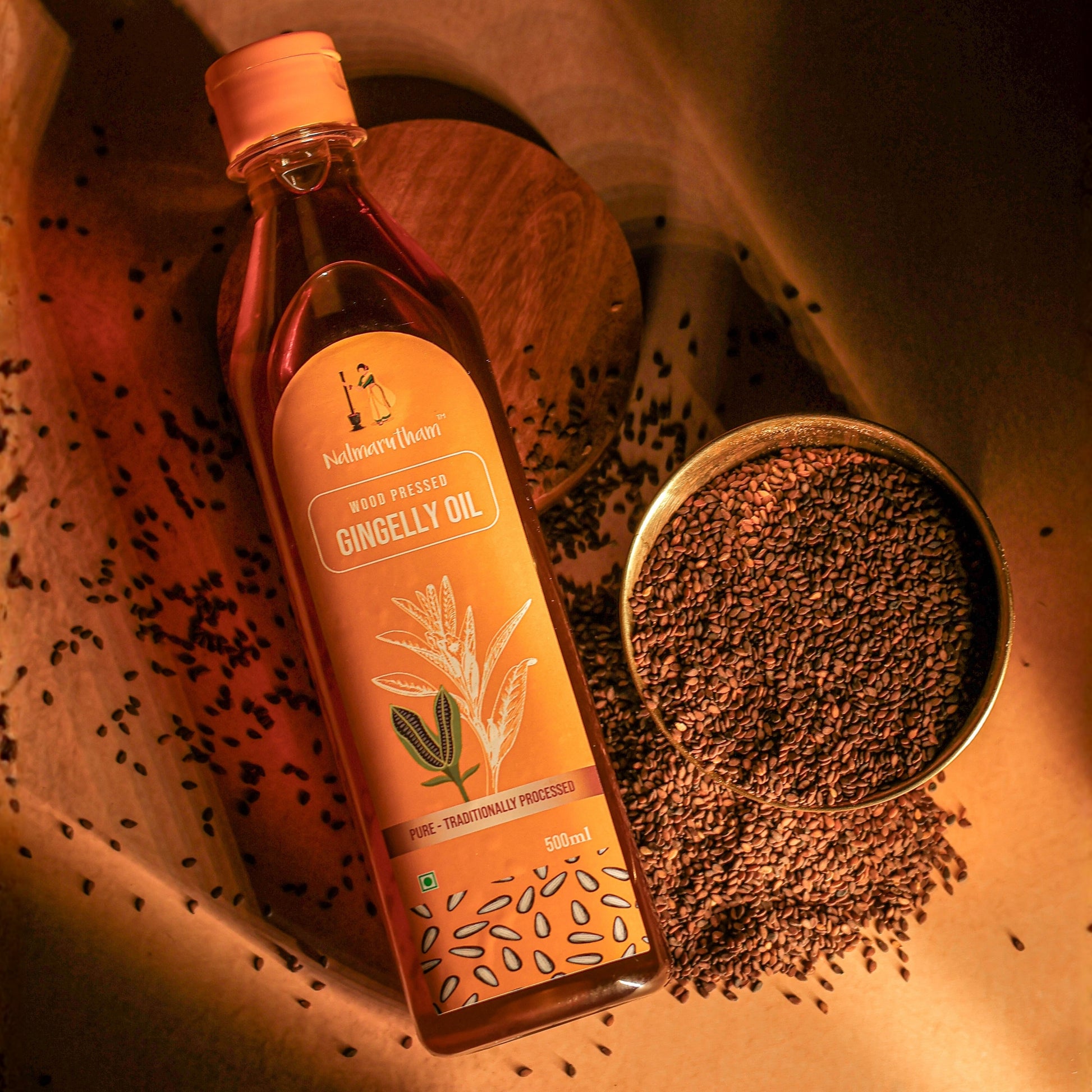 Cold pressed gingelly oil made from premium sesame seeds for healthy cooking
