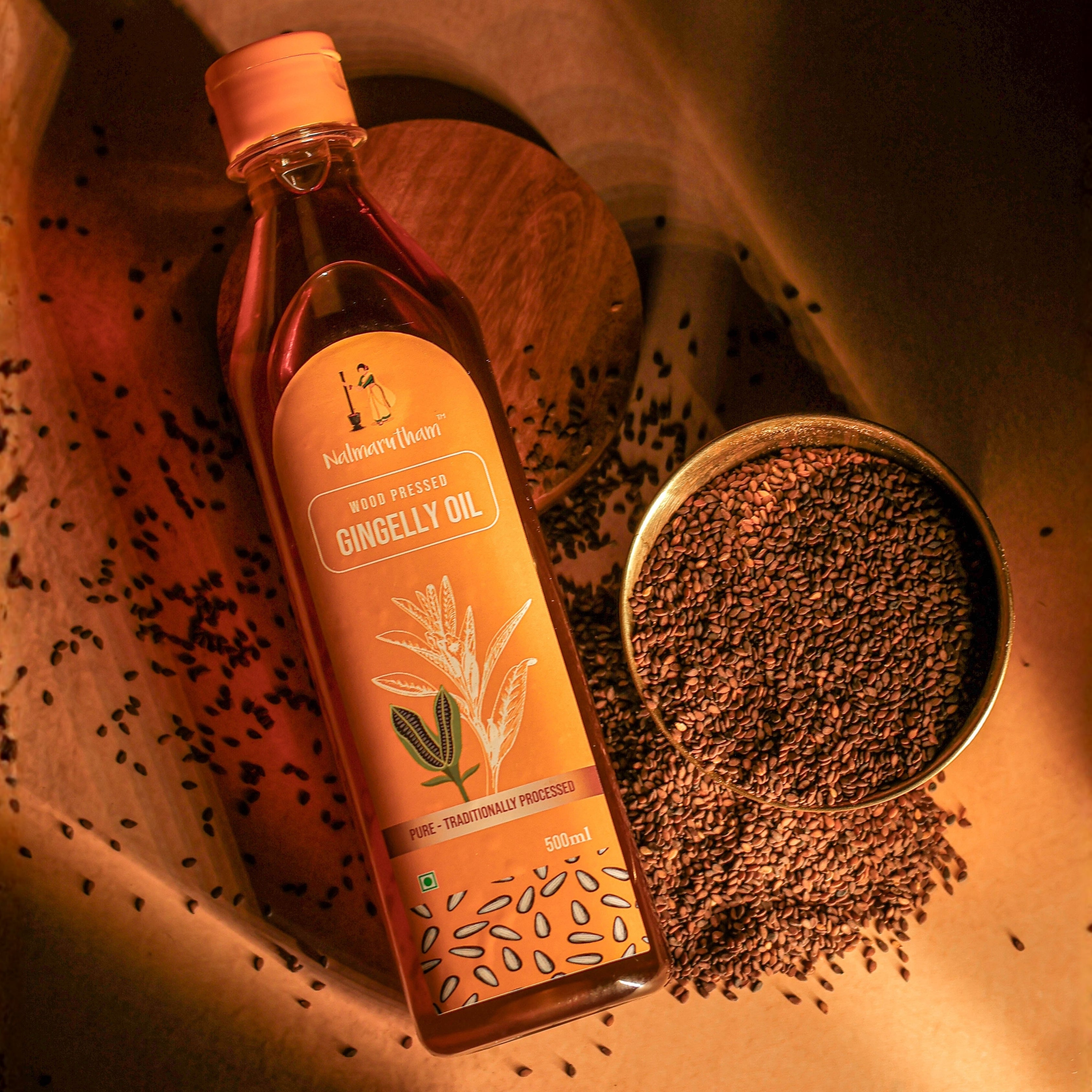 Cold pressed gingelly oil made from premium sesame seeds for healthy cooking