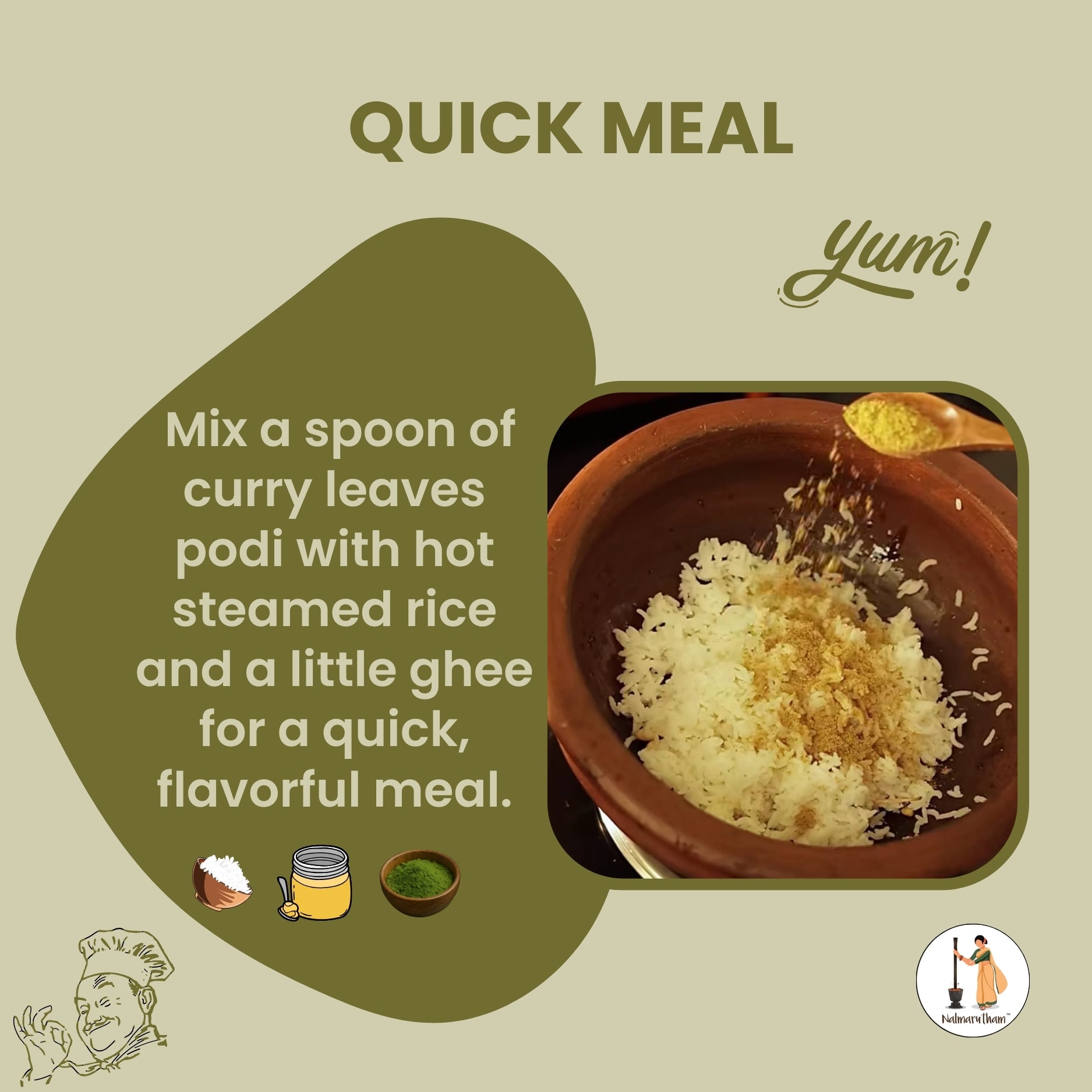 Curry leaves podi mixed with rice and ghee for healthy meal